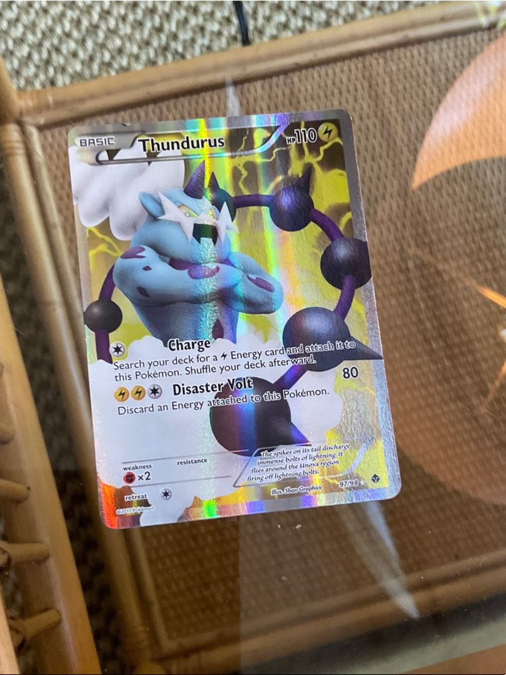 Pokemon Thundurus Holographic Card - Blue, Purple, Yellow